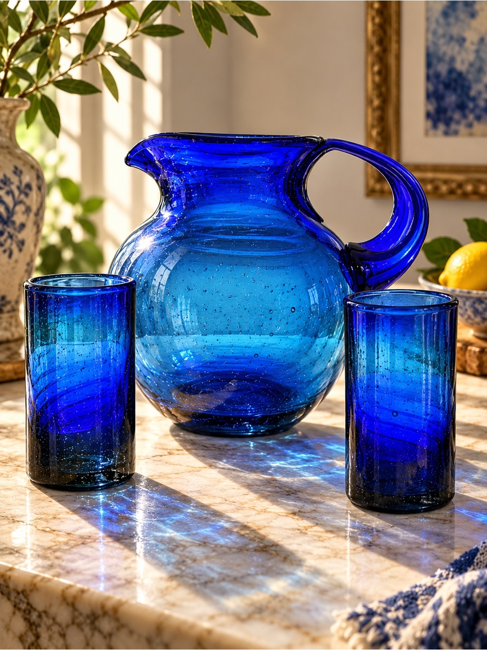 Vintage Cobalt Blue Hand Blown Glass Pitcher & 2 Tumblers | Heavy Artisan Set